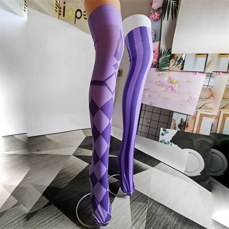 Purple Striped Gothic Geometric Pattern Thigh High Socks